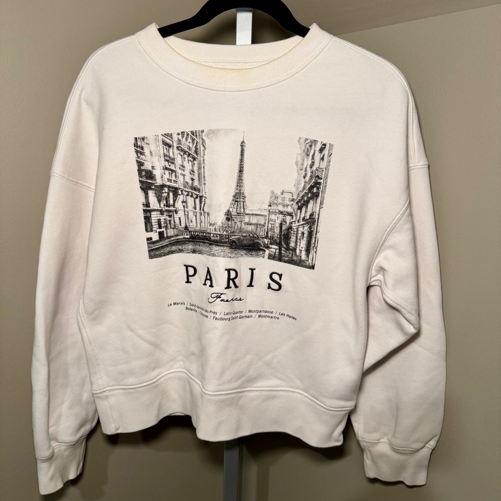 Abercrombie & Fitch Paris France Eiffel Tower Graphic Sweatshirt Cream XS